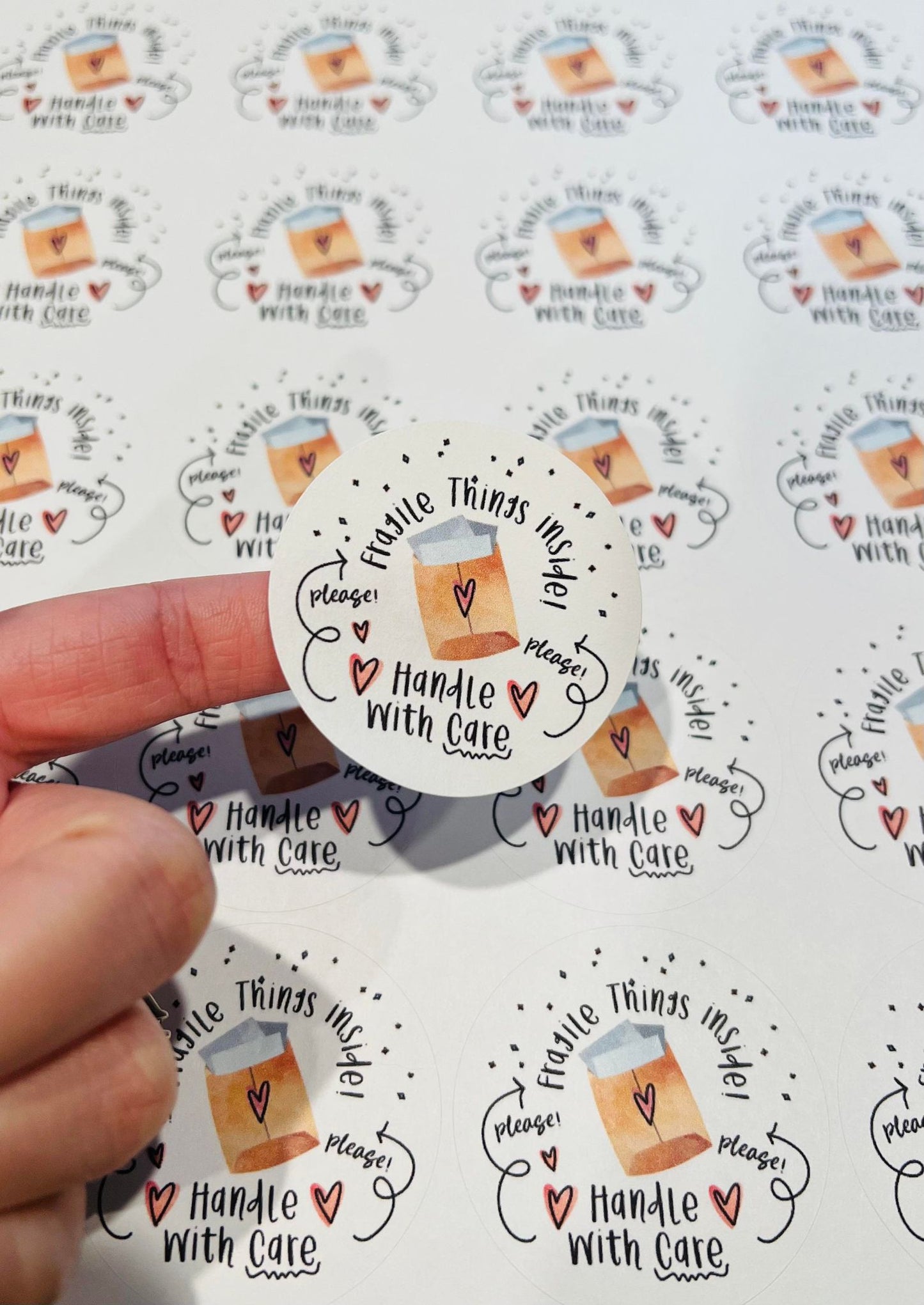 #109 handle with care 2 inch circles