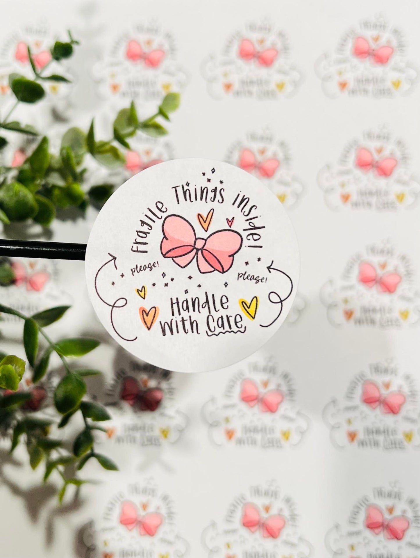 #72 Fragile Inside Bow Orange Yellow 2 inch circles