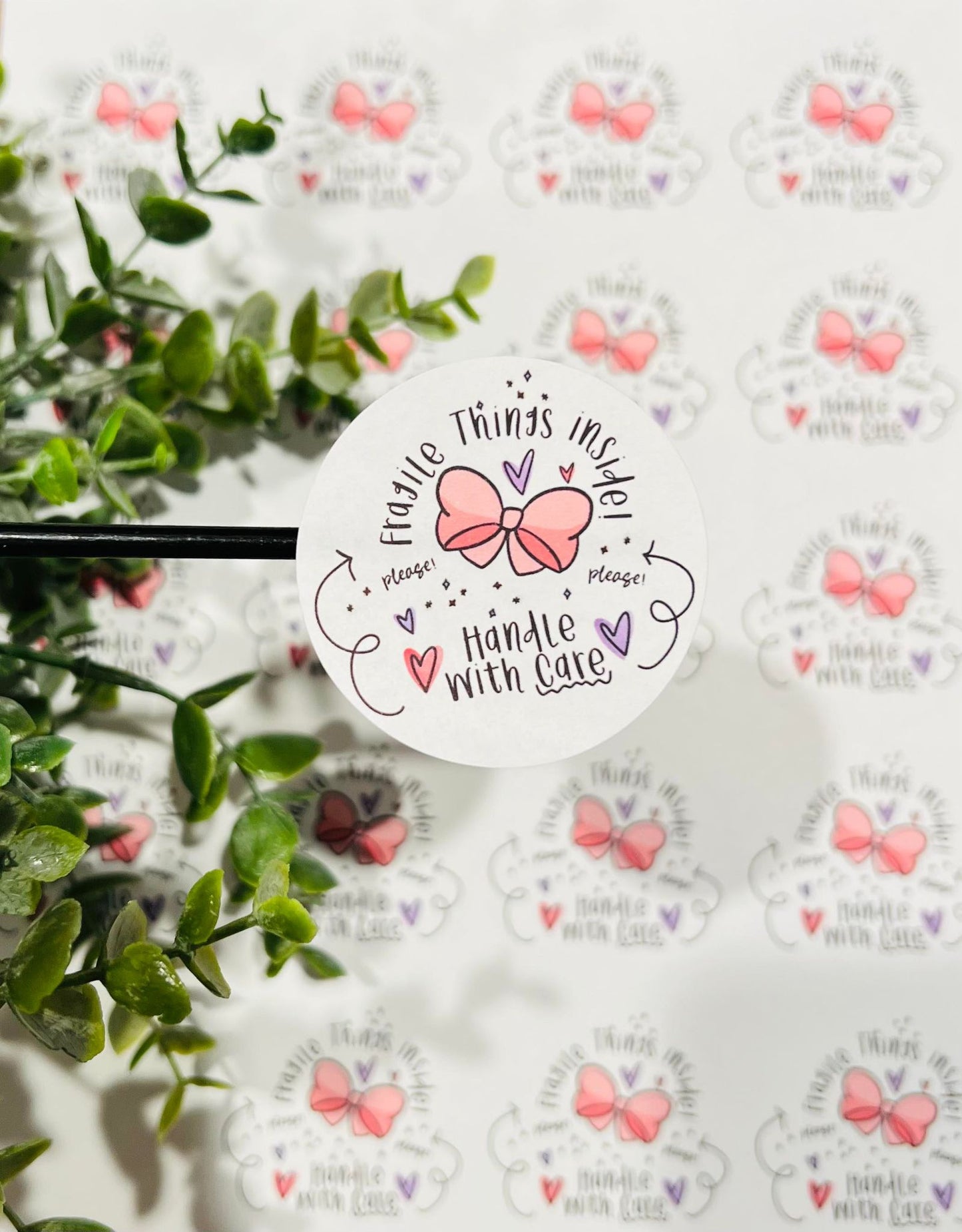 #73 Fragile Inside Bow pink & purple 2 inch circles